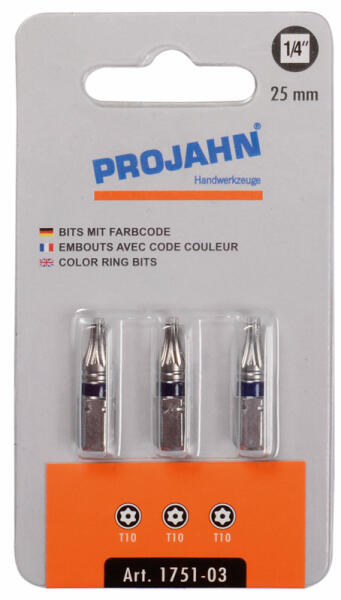 PROJAHN Color-Ring 1/4&quot; markierter Bit TORX&reg; TX10 mit Bohrung L25 mm 3er-Pack