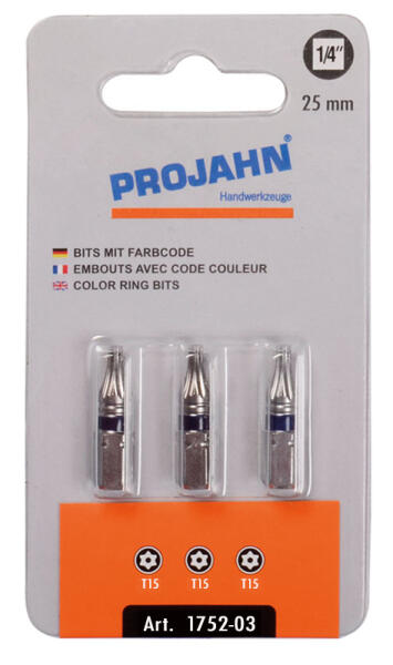 PROJAHN Color-Ring 1/4" markierter Bit TORX® TX15 mit Bohrung L25 mm 3er-Pack